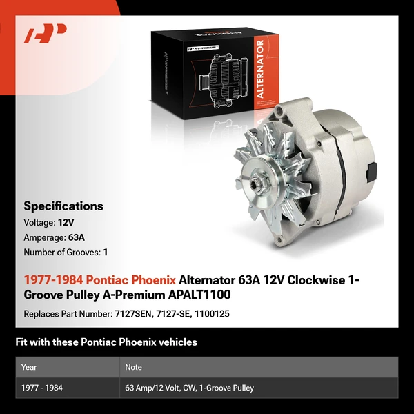 1977-1984 Pontiac Phoenix Alternator 63A 12V Clockwise 1-Groove Pulley A-Premium APALT1100
