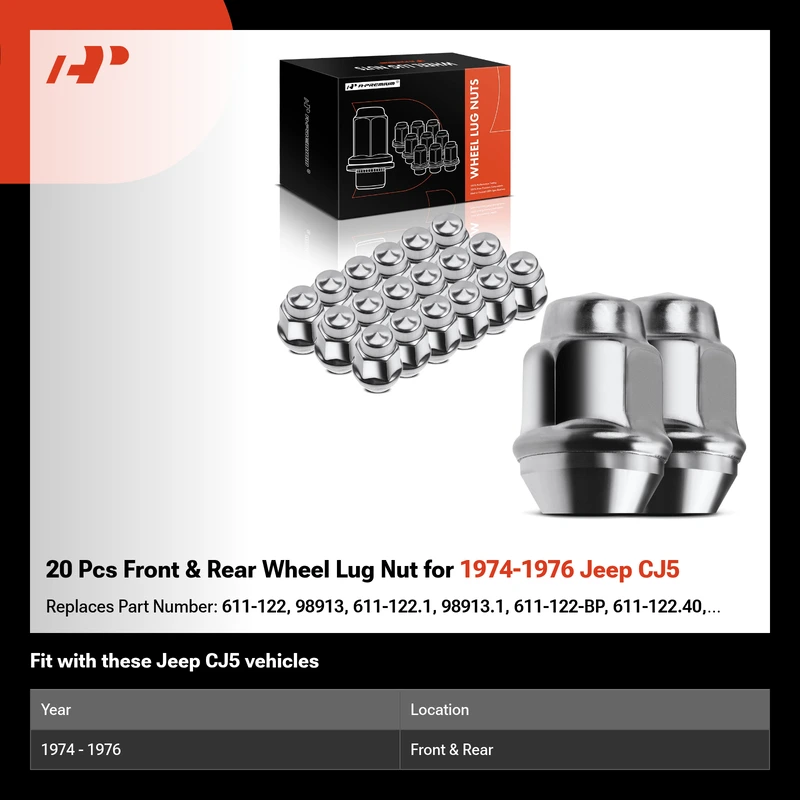 20 Pcs Front & Rear Wheel Lug Nut for 1974-1976 Jeep CJ5