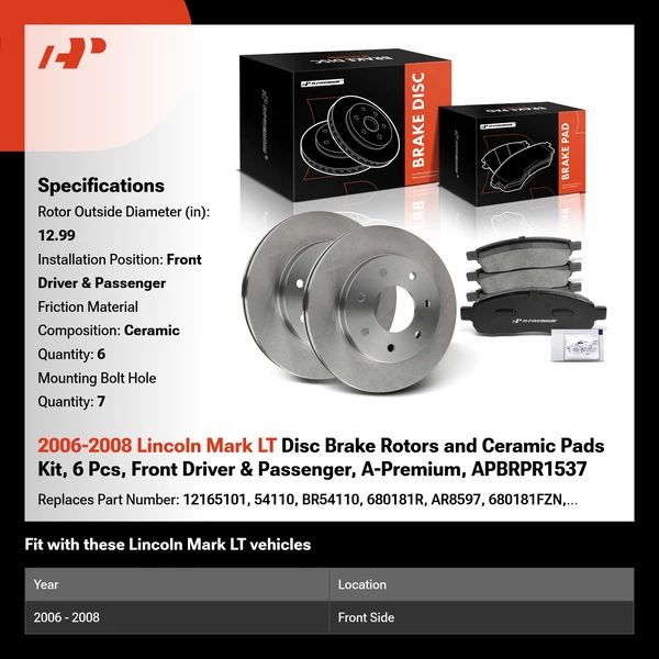 2006-2008 Lincoln Mark LT Disc Brake Rotors and Ceramic Pads Kit, 6 Pcs, Front Driver & Passenger, A-Premium, APBRPR1537