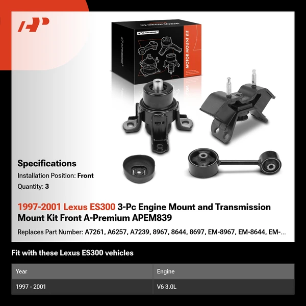 1997-2001 Lexus ES300 3-Pc Engine Mount and Transmission Mount Kit Front A-Premium APEM839