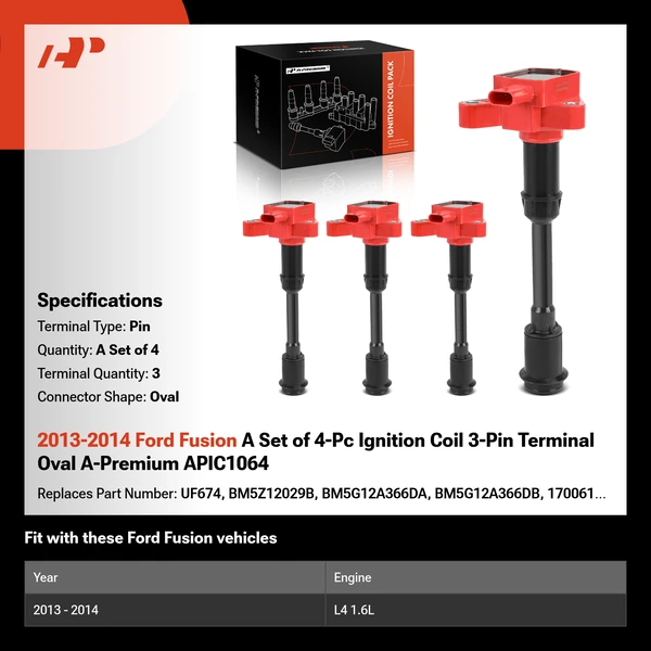 2013-2014 Ford Fusion A Set of 4-Pc Ignition Coil 3-Pin Terminal Oval A-Premium APIC1064
