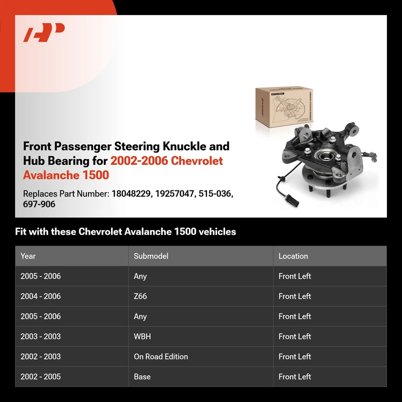Front Passenger Steering Knuckle and Hub Bearing for 2002-2006 Chevrolet Avalanche 1500