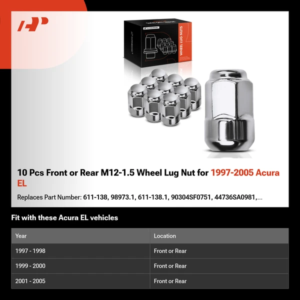 10 Pcs Front or Rear M12-1.5 Wheel Lug Nut for 1997-2005 Acura EL
