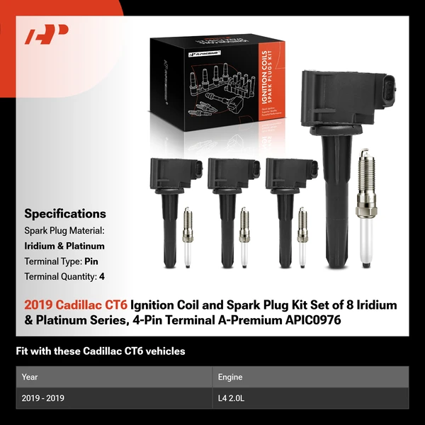 2019 Cadillac CT6 Ignition Coil and Spark Plug Kit Set of 8 Iridium & Platinum Series, 4-Pin Terminal A-Premium APIC0976
