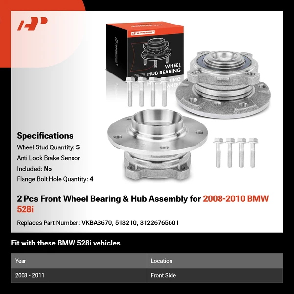 2 Pcs Front Wheel Bearing & Hub Assembly for 2008-2010 BMW 528i