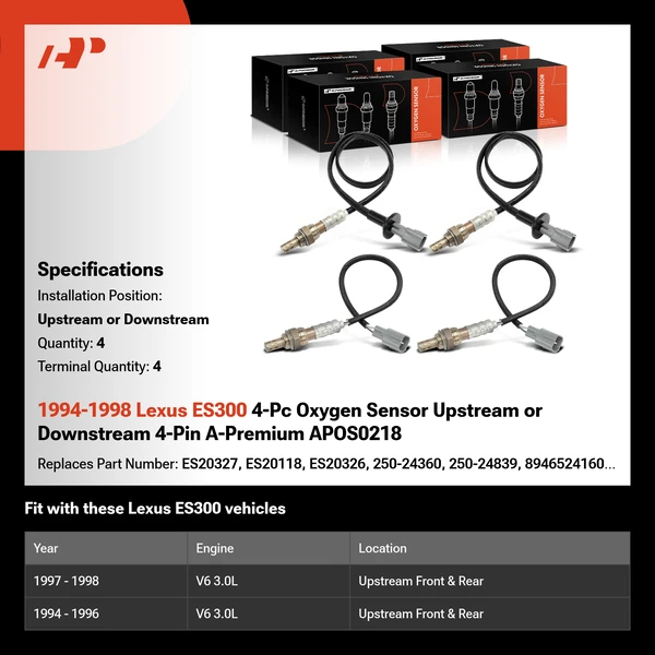 1994-1998 Lexus ES300 4-Pc Oxygen Sensor Upstream or Downstream 4-Pin A-Premium APOS0218