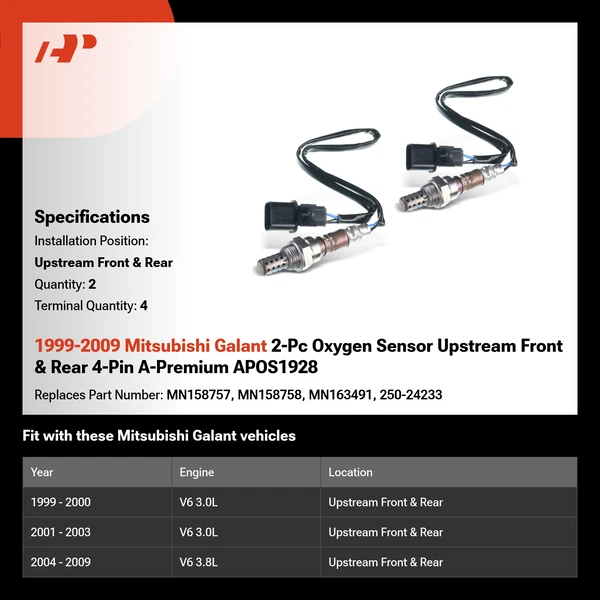 1999-2009 Mitsubishi Galant 2-Pc Oxygen Sensor Upstream Front & Rear 4-Pin A-Premium APOS1928