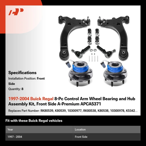 1997-2004 Buick Regal 8-Pc Control Arm Wheel Bearing and Hub Assembly Kit, Front Side A-Premium APCA5371
