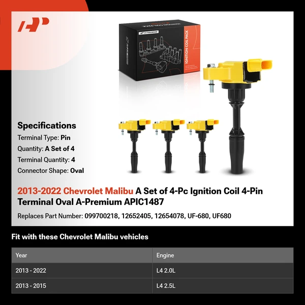 2013-2022 Chevrolet Malibu A Set of 4-Pc Ignition Coil 4-Pin Terminal Oval A-Premium APIC1487