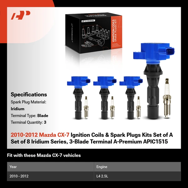 2010-2012 Mazda CX-7 Ignition Coils & Spark Plugs Kits Set of 8 Iridium Series, 3-Blade Terminal A-Premium APIC1515