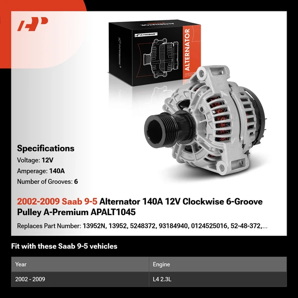 2002-2009 Saab 9-5 Alternator 140A 12V Clockwise 6-Groove Pulley A-Premium APALT1045