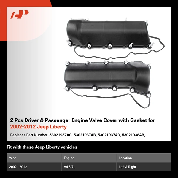 2 Pcs Driver & Passenger Engine Valve Cover with Gasket for 2002-2012 Jeep Liberty