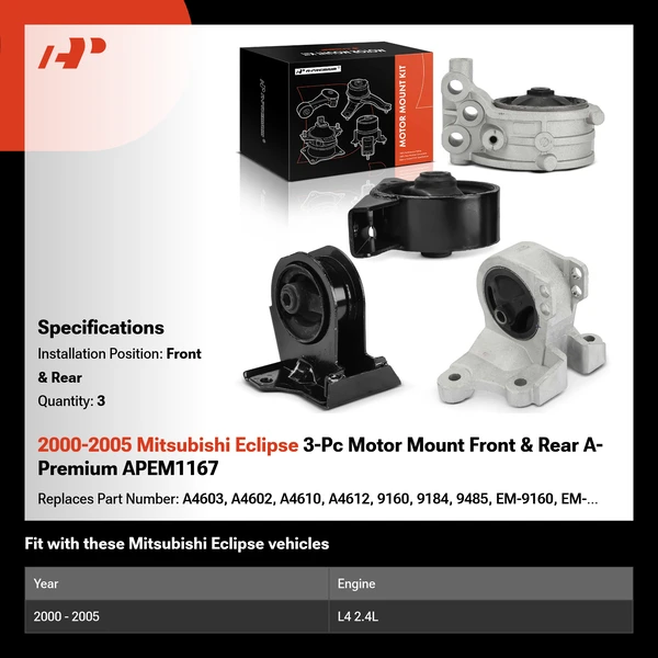 2000-2005 Mitsubishi Eclipse 3-Pc Motor Mount Front & Rear A-Premium APEM1167