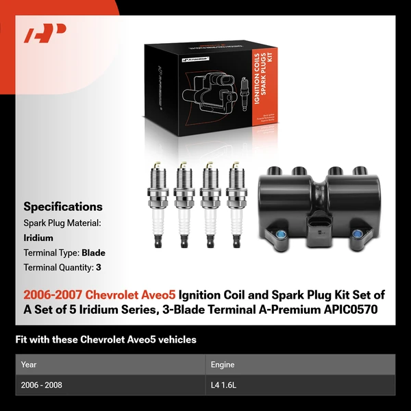 2006-2007 Chevrolet Aveo5 Ignition Coil and Spark Plug Kit Set of A Set of 5 Iridium Series, 3-Blade Terminal A-Premium APIC0570