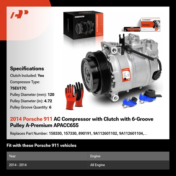 2014 Porsche 911 AC Compressor with Clutch with 6-Groove Pulley A-Premium APACC655