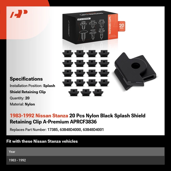 1983-1992 Nissan Stanza 20 Pcs Nylon Black Splash Shield Retaining Clip A-Premium APRCF3836