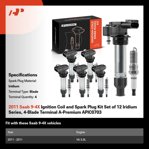 2011 Saab 9-4X Ignition Coil and Spark Plug Kit Set of 12 Iridium Series, 4-Blade Terminal A-Premium APIC0703