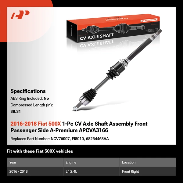 2016-2018 Fiat 500X 1-Pc CV Axle Shaft Assembly Front Passenger Side A-Premium APCVA3166