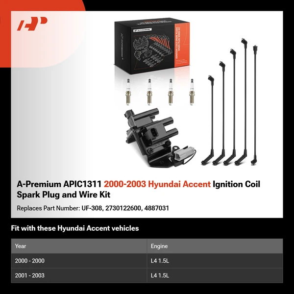 A-Premium APIC1311 2000-2003 Hyundai Accent Ignition Coil Spark Plug and Wire Kit