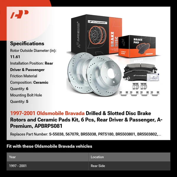 1997-2001 Oldsmobile Bravada Drilled & Slotted Disc Brake Rotors and Ceramic Pads Kit, 6 Pcs, Rear Driver & Passenger, A-Premium, APBRPS081