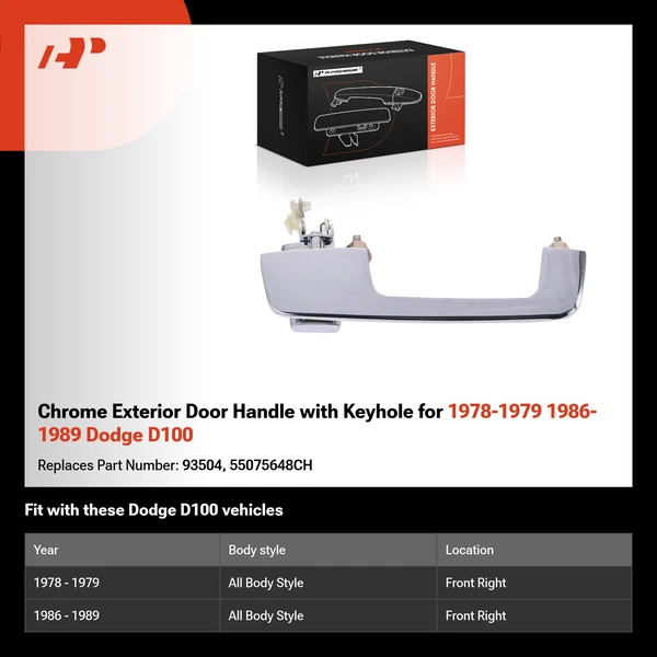 Chrome Exterior Door Handle with Keyhole for 1978-1979 1986-1989 Dodge D100