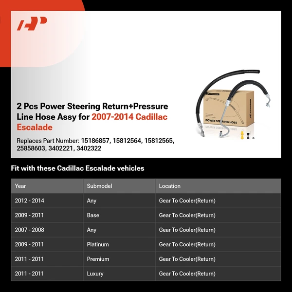 2 Pcs Power Steering Return+Pressure Line Hose Assy for 2007-2014 Cadillac Escalade