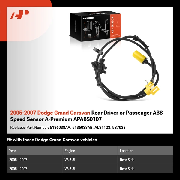 2005-2007 Dodge Grand Caravan Rear Driver or Passenger ABS Speed Sensor A-Premium APABS0107