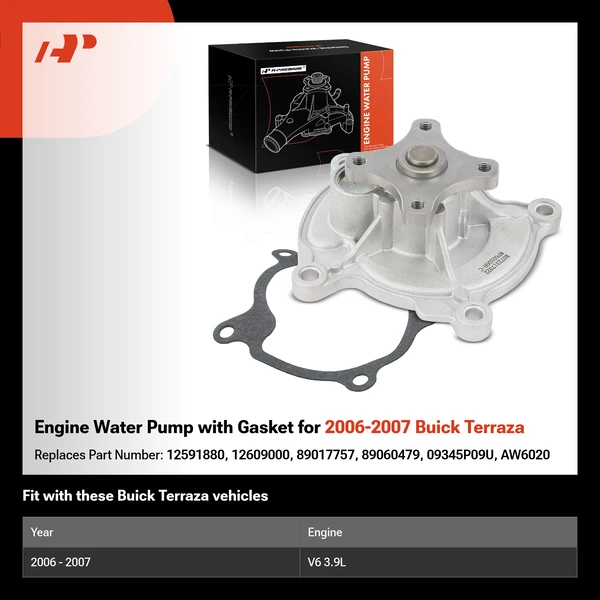 Engine Water Pump with Gasket for 2006-2007 Buick Terraza