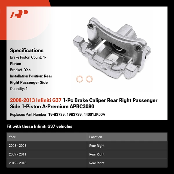 2008-2013 Infiniti G37 1-Pc Brake Caliper Rear Right Passenger Side 1-Piston A-Premium APBC3080