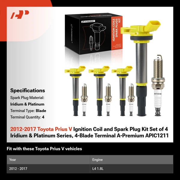 2012-2017 Toyota Prius V Ignition Coil and Spark Plug Kit Set of 4 Iridium & Platinum Series, 4-Blade Terminal A-Premium APIC1211
