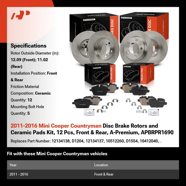 2011-2016 Mini Cooper Countryman Disc Brake Rotors and Ceramic Pads Kit, 12 Pcs, Front & Rear, A-Premium, APBRPR1690