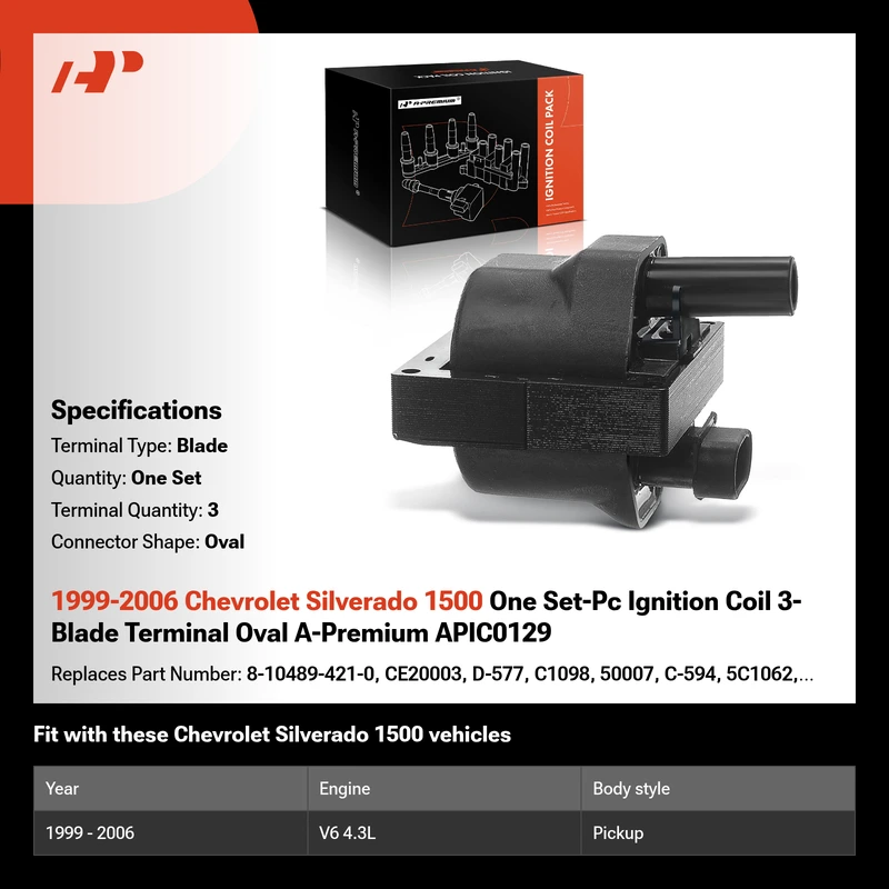 1999-2006 Chevrolet Silverado 1500 One Set-Pc Ignition Coil 3-Blade Terminal Oval A-Premium APIC0129