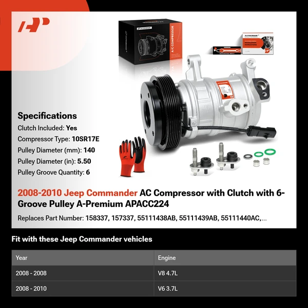 2008-2010 Jeep Commander AC Compressor with Clutch with 6-Groove Pulley A-Premium APACC224