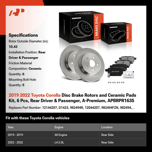 2019 2022 Toyota Corolla Disc Brake Rotors and Ceramic Pads Kit, 6 Pcs, Rear Driver & Passenger, A-Premium, APBRPR1635