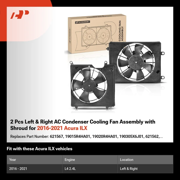 2 Pcs Left & Right AC Condenser Cooling Fan Assembly with Shroud for 2016-2021 Acura ILX