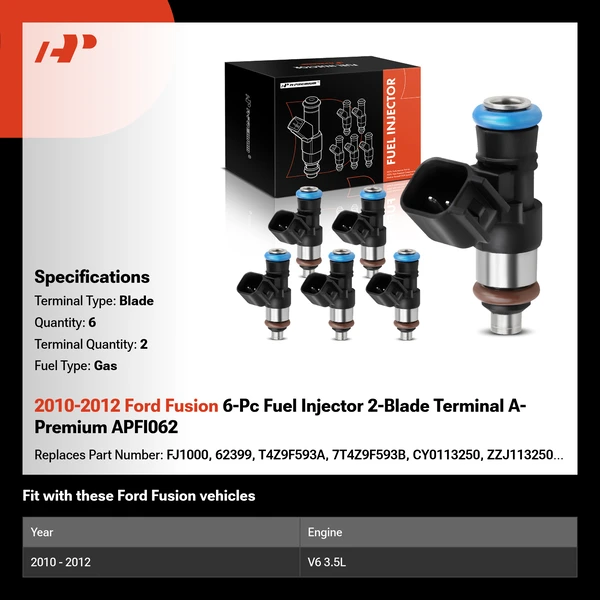 2010-2012 Ford Fusion 6-Pc Fuel Injector 2-Blade Terminal A-Premium APFI062