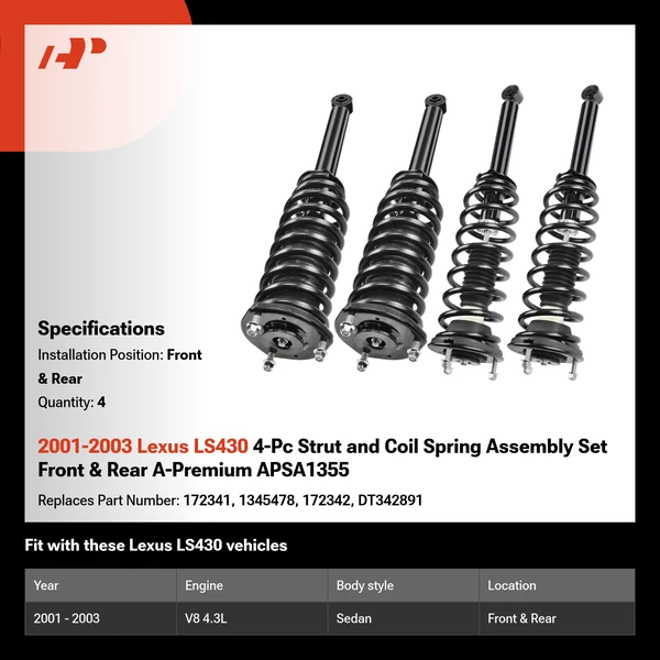2001-2003 Lexus LS430 4-Pc Strut and Coil Spring Assembly Set Front & Rear A-Premium APSA1355