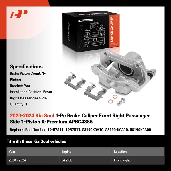2020-2024 Kia Soul 1-Pc Brake Caliper Front Right Passenger Side 1-Piston A-Premium APBC4386