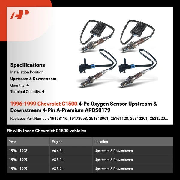 1996-1999 Chevrolet C1500 4-Pc Oxygen Sensor Upstream & Downstream 4-Pin A-Premium APOS0179