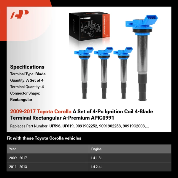 2009-2017 Toyota Corolla A Set of 4-Pc Ignition Coil 4-Blade Terminal Rectangular A-Premium APIC0991