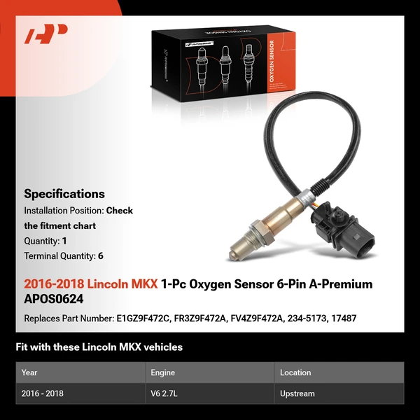 2016-2018 Lincoln MKX 1-Pc Oxygen Sensor 6-Pin A-Premium APOS0624