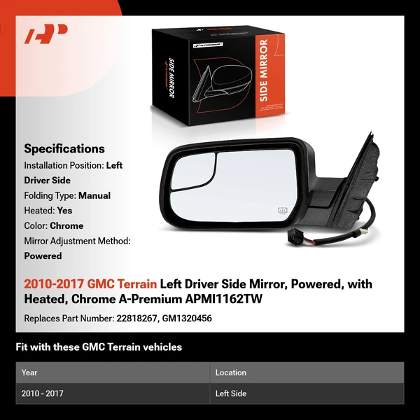 2010-2017 GMC Terrain Left Driver Side Mirror, Powered, with Heated, Chrome A-Premium APMI1162TW