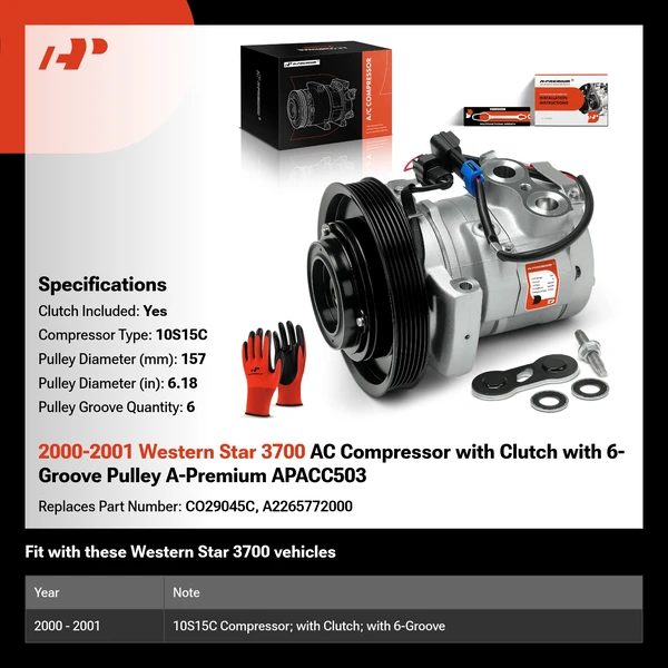 2000-2001 Western Star 3700 AC Compressor with Clutch with 6-Groove Pulley A-Premium APACC503