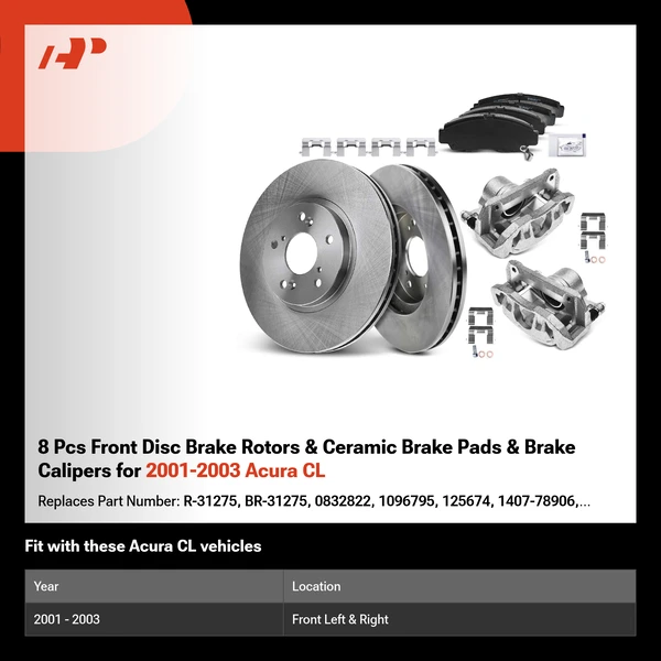 8 Pcs Front Disc Brake Rotors & Ceramic Brake Pads & Brake Calipers for 2001-2003 Acura CL