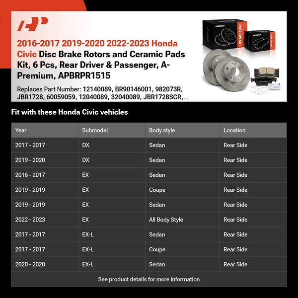 2016-2017 2019-2020 2022-2023 Honda Civic Disc Brake Rotors and Ceramic Pads Kit, 6 Pcs, Rear Driver & Passenger, A-Premium, APBRPR1515