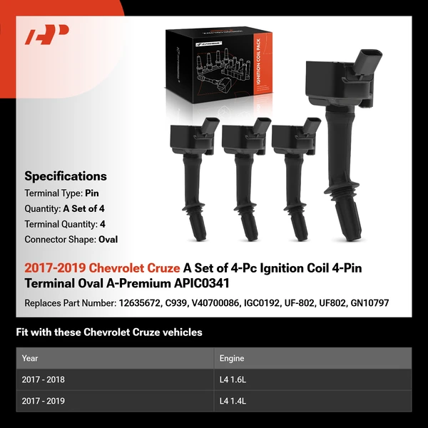 2017-2019 Chevrolet Cruze A Set of 4-Pc Ignition Coil 4-Pin Terminal Oval A-Premium APIC0341
