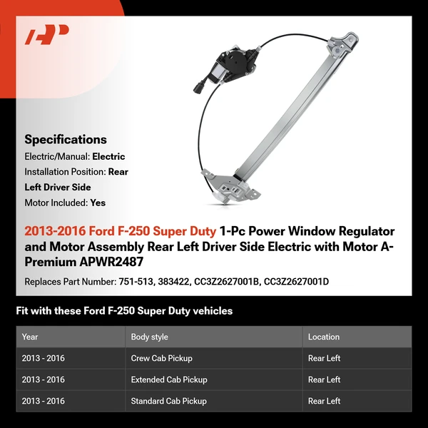 2013-2016 Ford F-250 Super Duty 1-Pc Power Window Regulator and Motor Assembly Rear Left Driver Side Electric with Motor A-Premium APWR2487