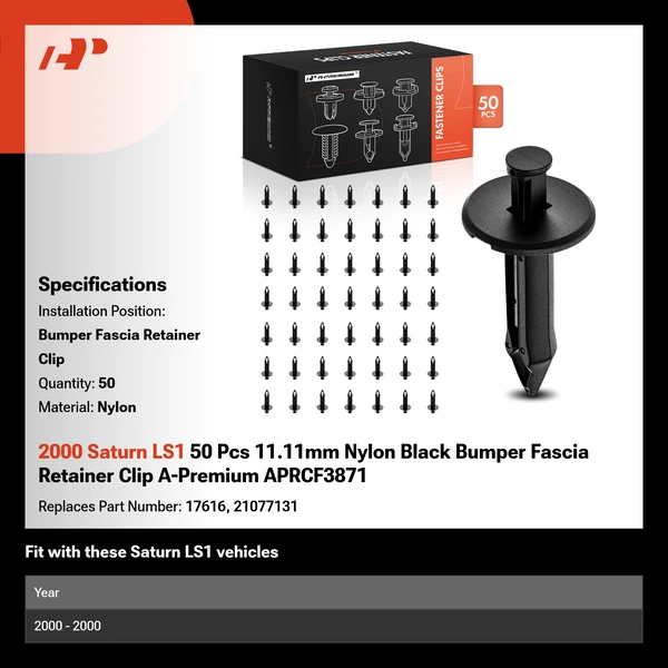 2000 Saturn LS1 50 Pcs 11.11mm Nylon Black Bumper Fascia Retainer Clip A-Premium APRCF3871