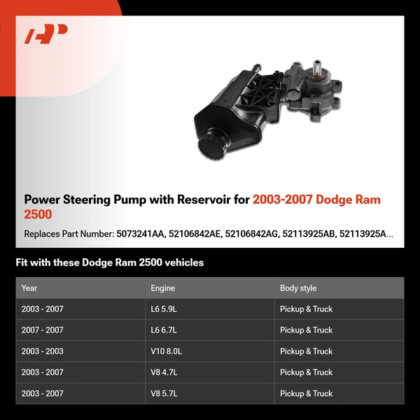 Power Steering Pump with Reservoir for 2003-2007 Dodge Ram 2500