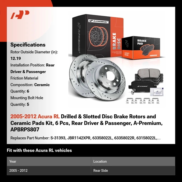 2005-2012 Acura RL Drilled & Slotted Disc Brake Rotors and Ceramic Pads Kit, 6 Pcs, Rear Driver & Passenger, A-Premium, APBRPS807